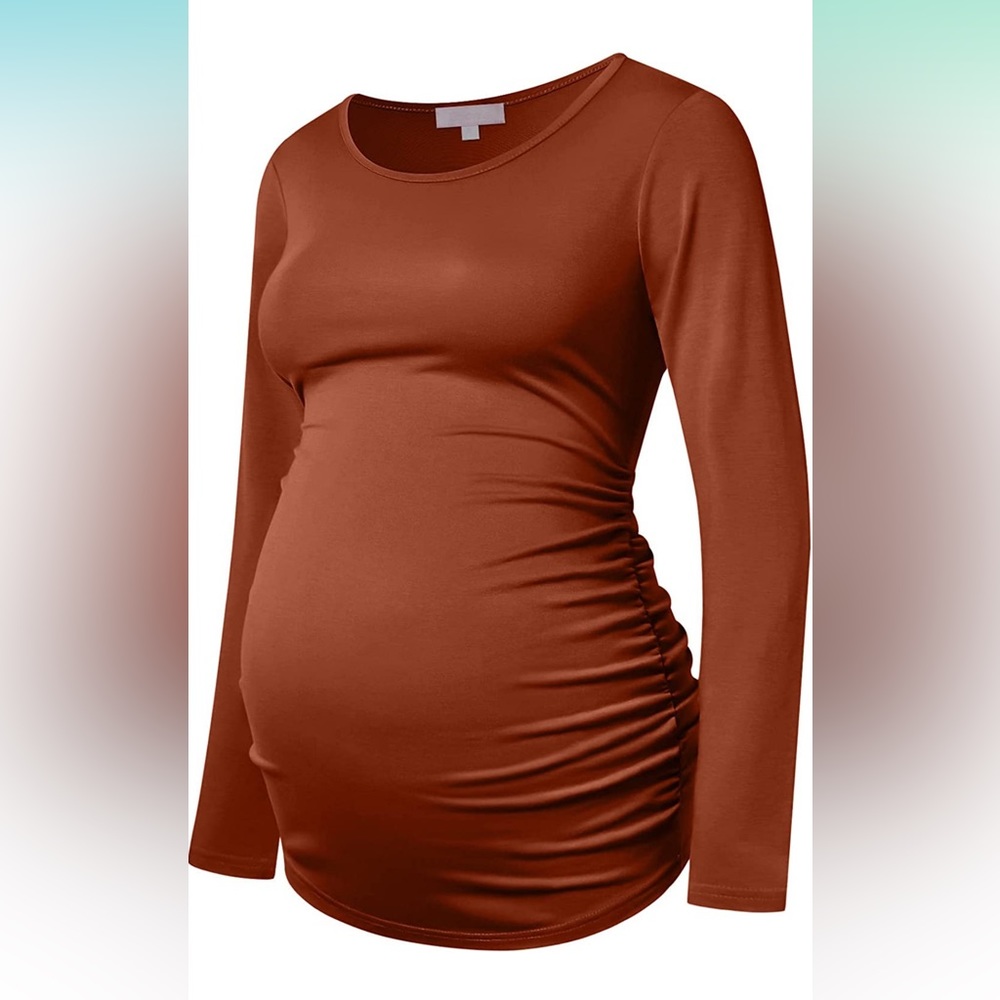 Maternity Shirt Long Sleeve Basic Top Ruch Sides Bodycon Caramel/Rust Small